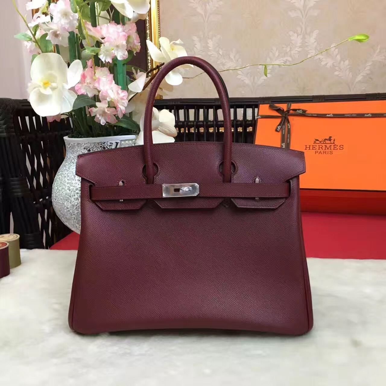 Hermes Epsom Birkin wine top leather handbags