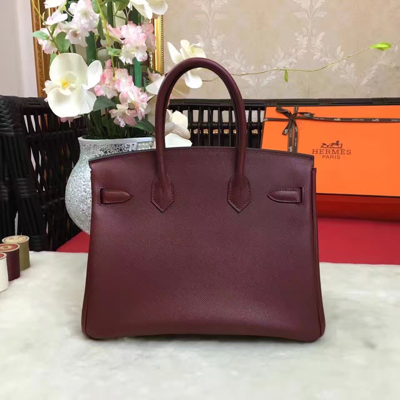 Hermes Epsom Birkin wine top leather handbags