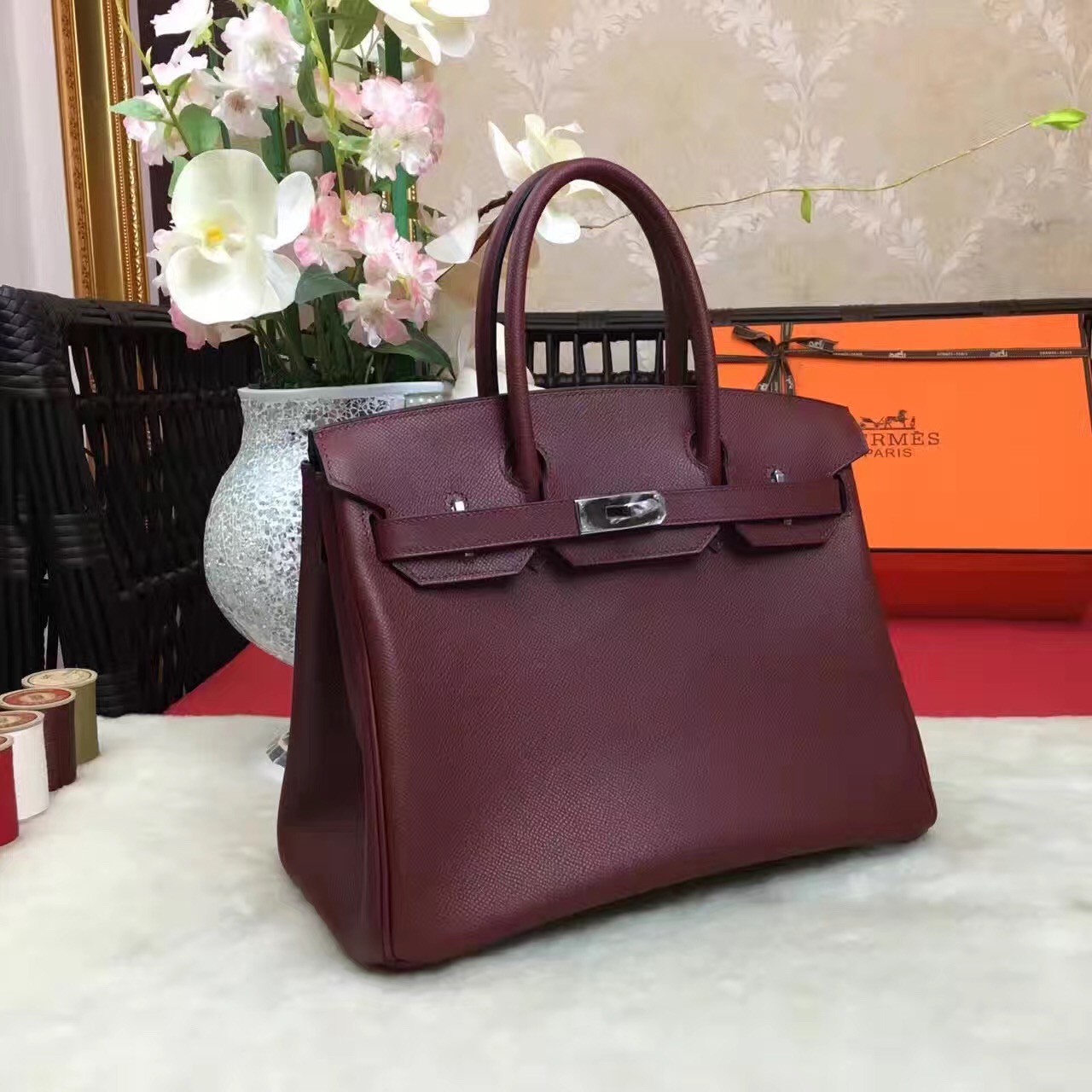 Hermes Epsom Birkin wine top leather handbags