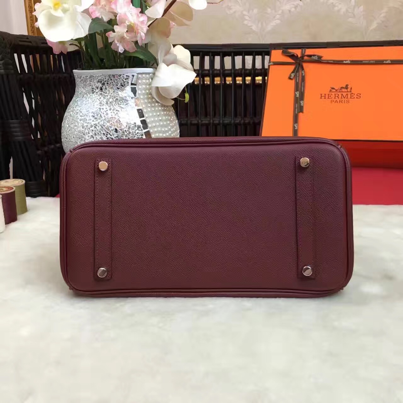 Hermes Epsom Birkin wine top leather handbags