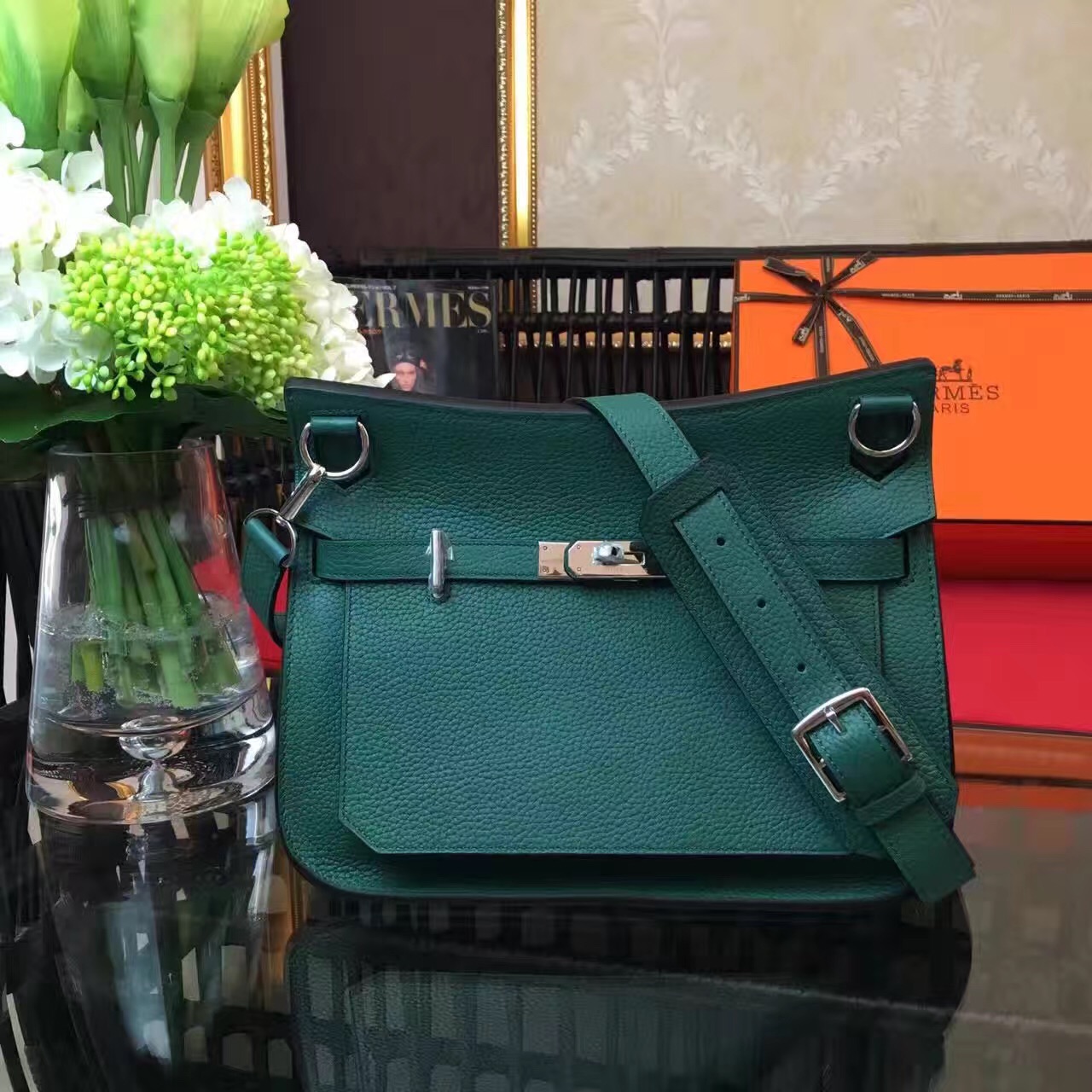 Hermes top leather green Jypsiere handbags