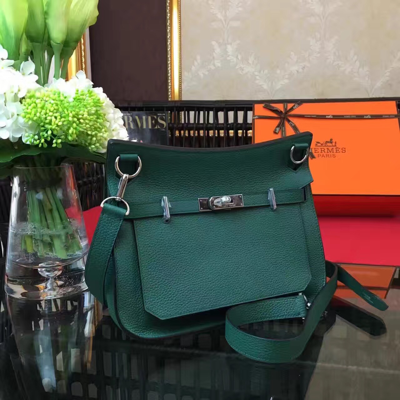 Hermes top leather green Jypsiere handbags