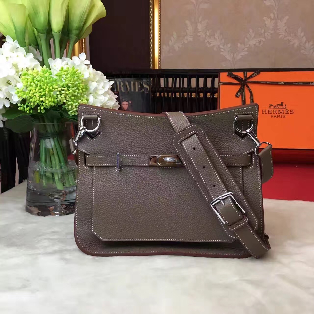 Hermes top leather Jypsiere dark gray handbags