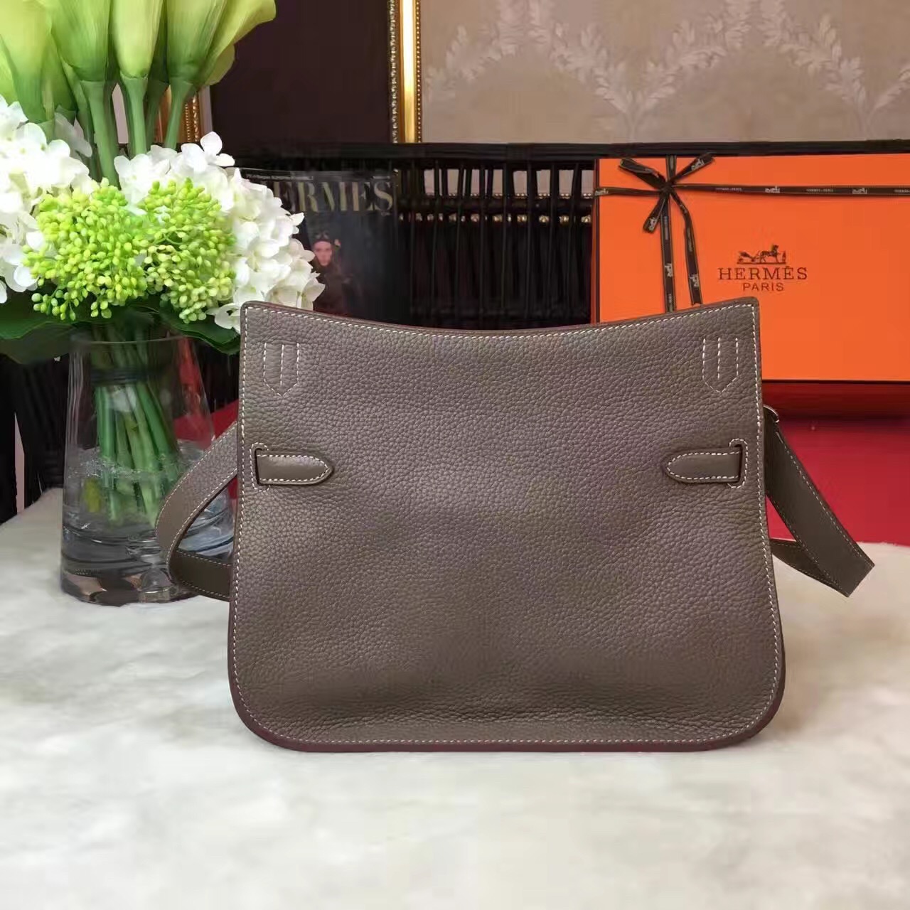 Hermes top leather Jypsiere dark gray handbags