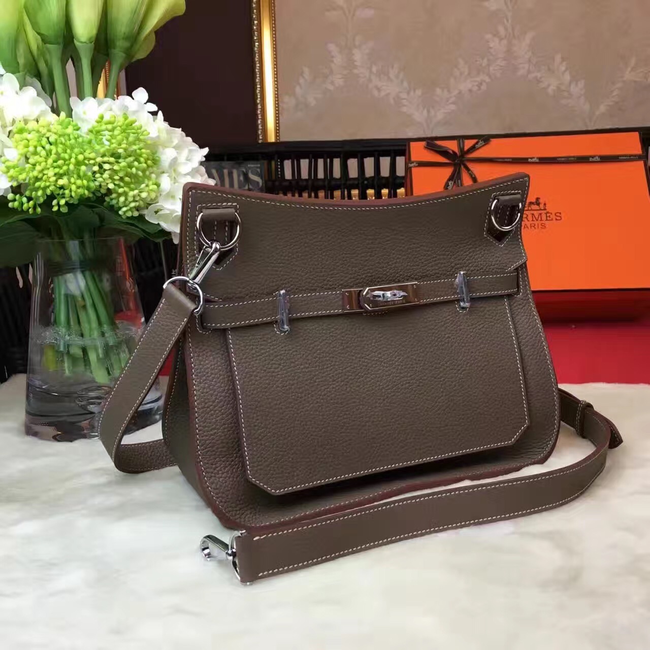 Hermes top leather Jypsiere dark gray handbags