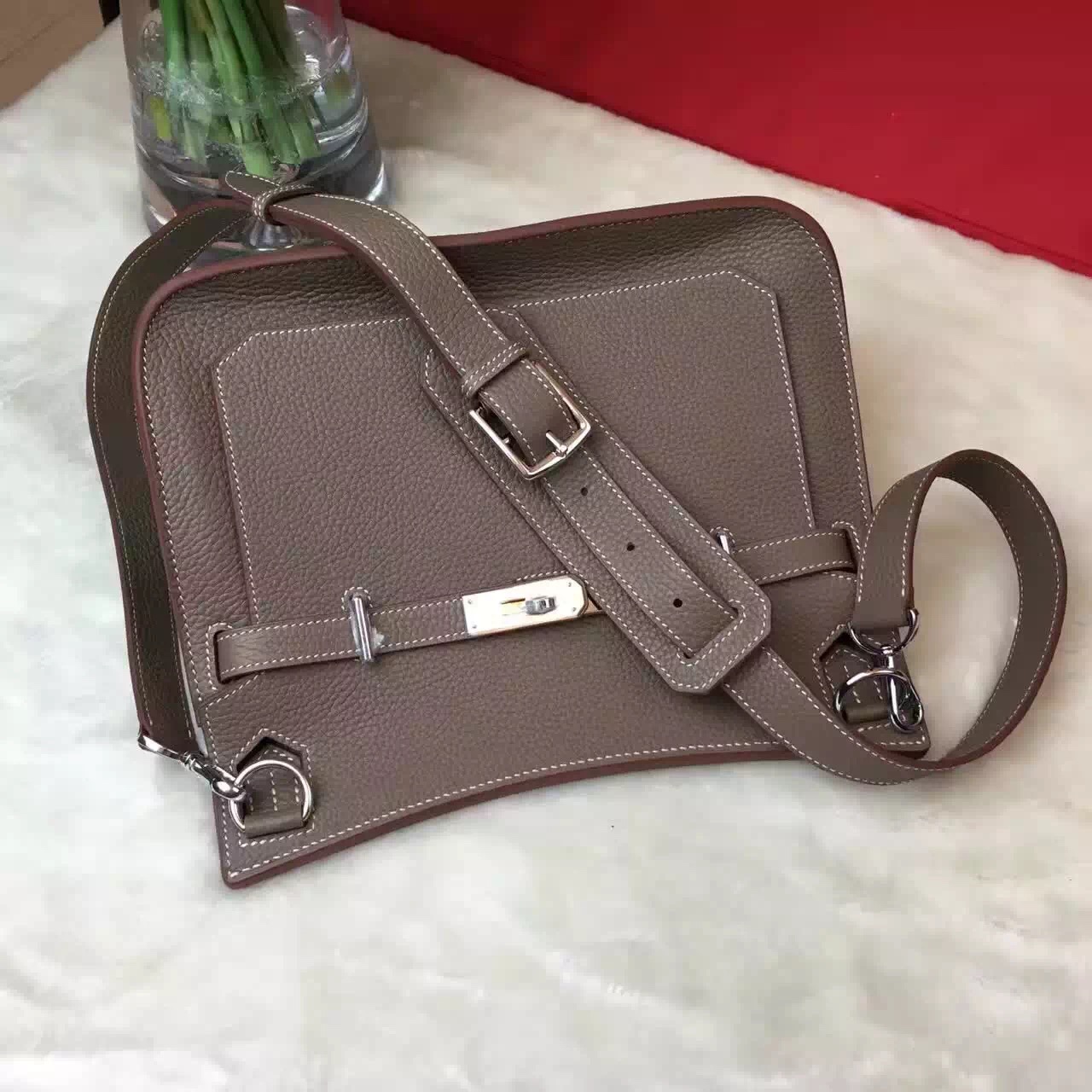 Hermes top leather Jypsiere dark gray handbags