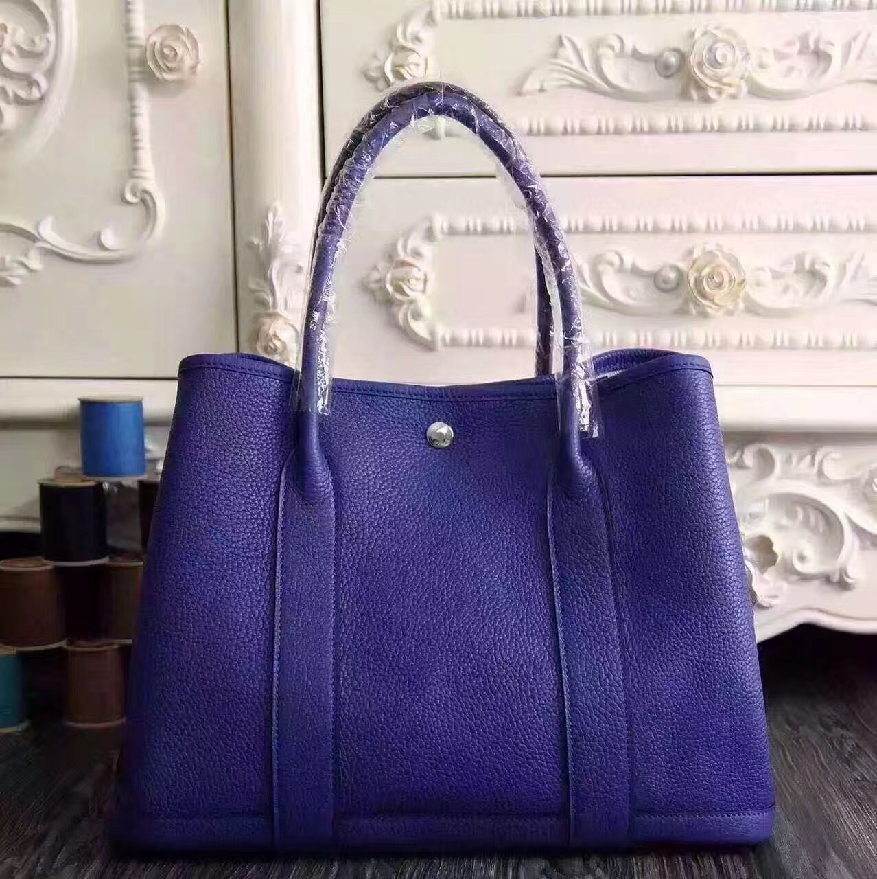 Hermes Garden Party blue top leather handbags