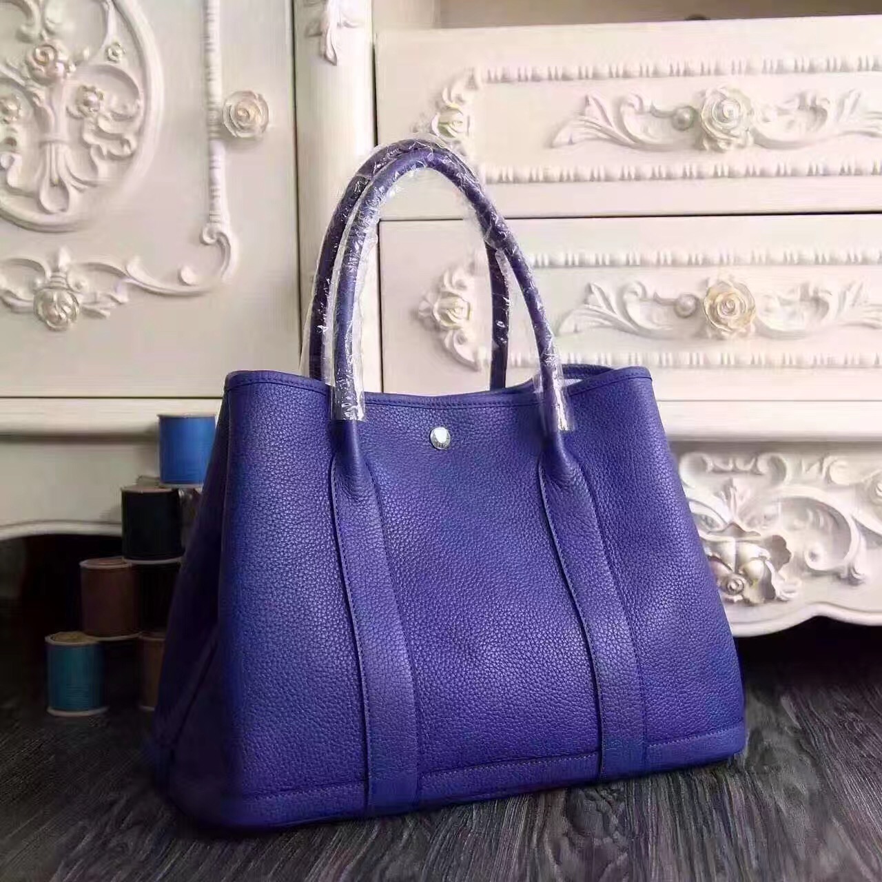 Hermes Garden Party blue top leather handbags