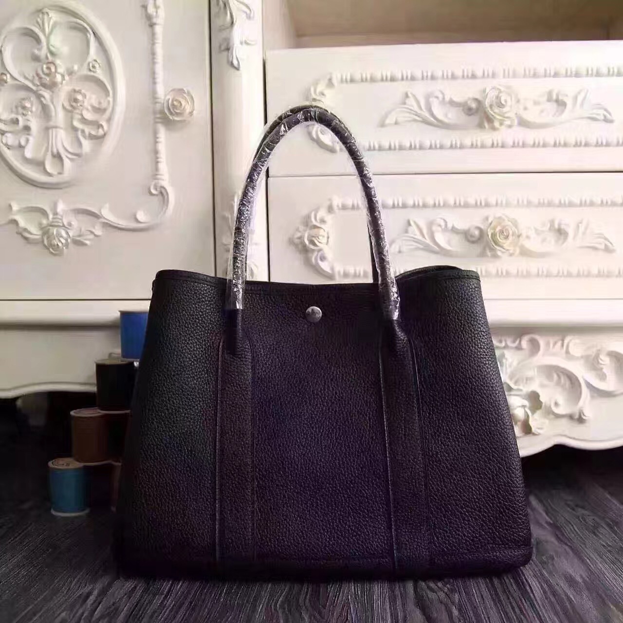 Hermes Garden Party black top leather handbags