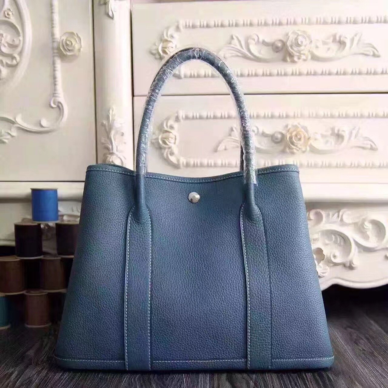 Hermes Garden Party leather blue top handbags