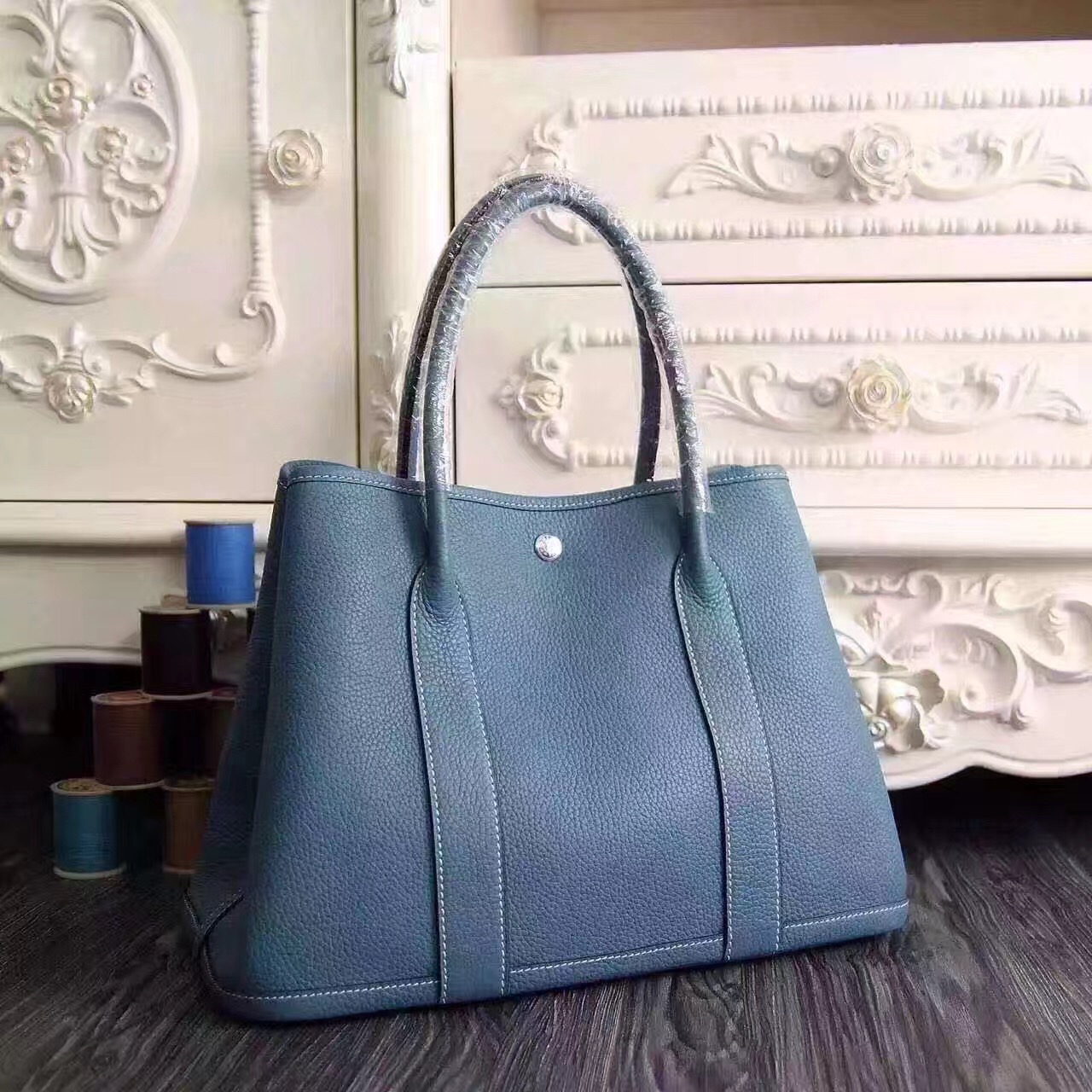 Hermes Garden Party leather blue top handbags