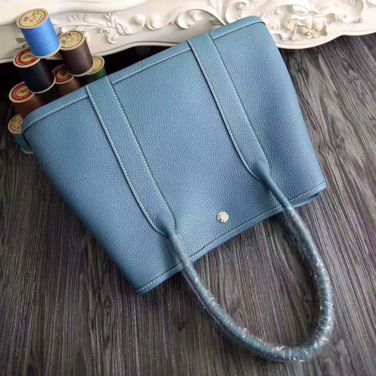 Hermes Garden Party leather blue top handbags
