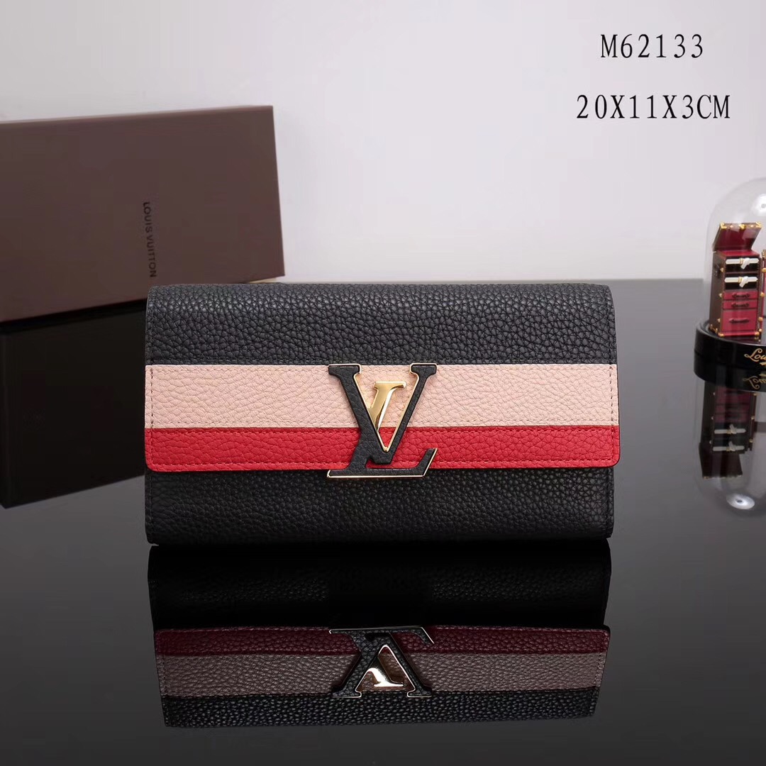 LV Louis Vuitton M62133 Capucines Wallet Clutch bags Leather Handbags Black&Pink