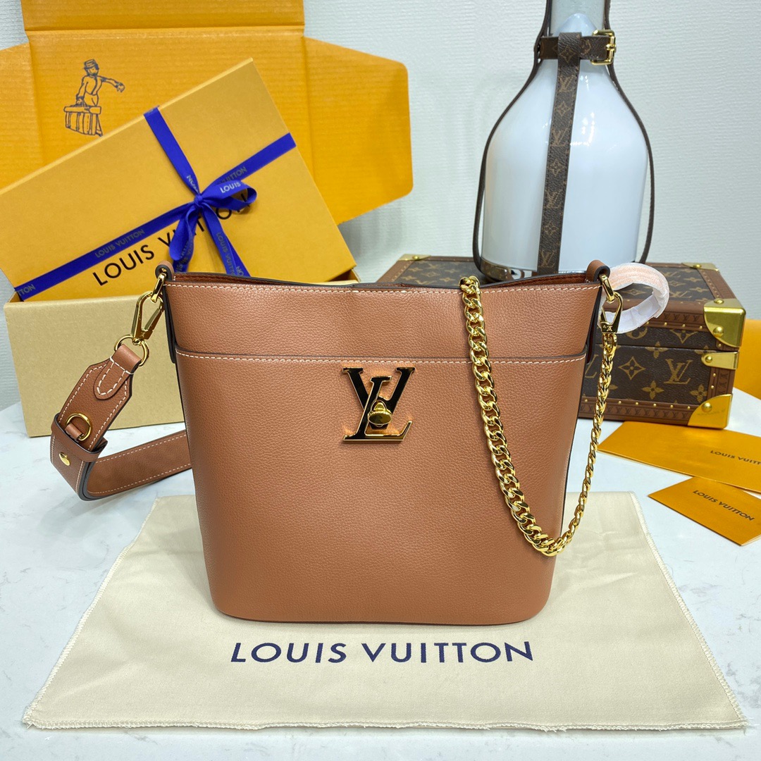 Louis Vuitton LV Real Leather Lock and Walk Bag Handbag M24165 Brown