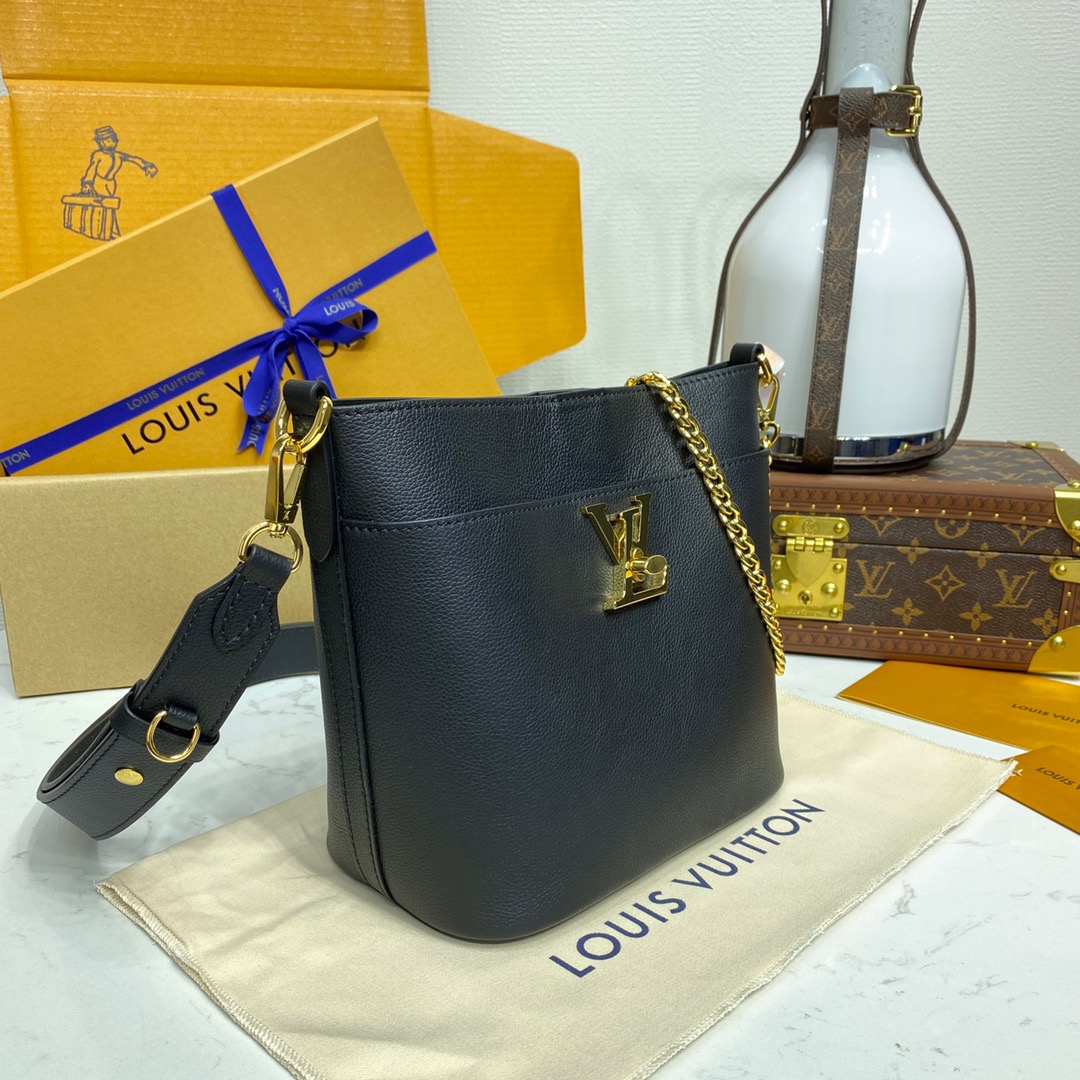 Louis Vuitton LV Real Leather Lock and Walk Bag Handbag M24006 Black