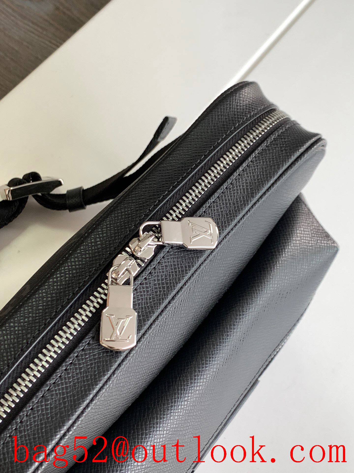 LV Louis Vuitton men black taiga leather with monogram canvas outdoor messenger shoulder bag M30233