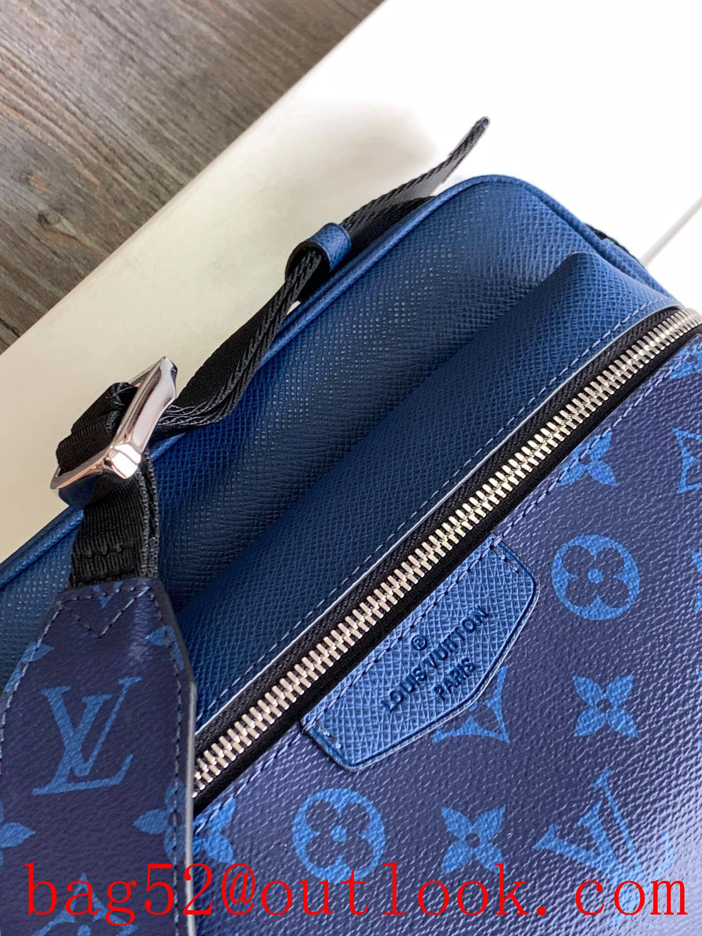 LV Louis Vuitton men navy taiga leather with monogram canvas outdoor messenger shoulder bag M30233