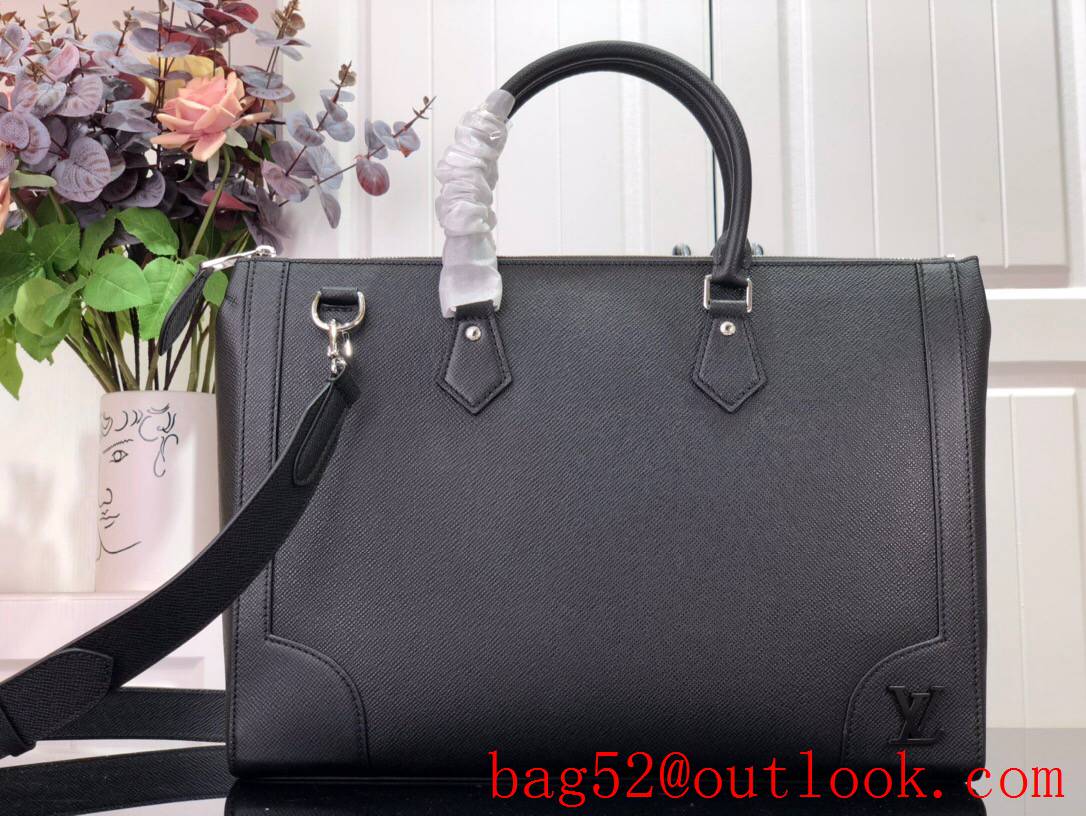 LV Louis Vuitton men black large textured taiga leather slim briefcase tote shoulder bag