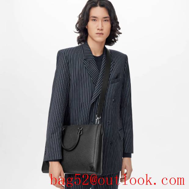 LV Louis Vuitton men black large textured taiga leather slim briefcase tote shoulder bag