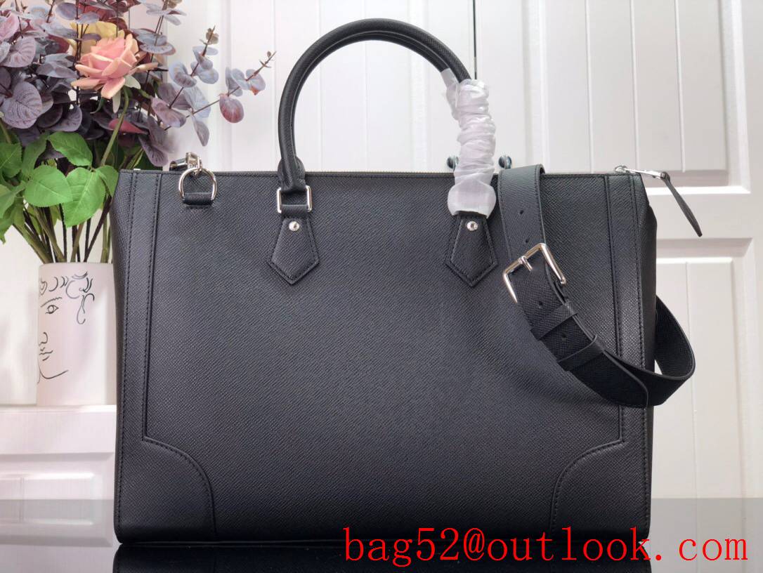 LV Louis Vuitton men black large textured taiga leather slim briefcase tote shoulder bag