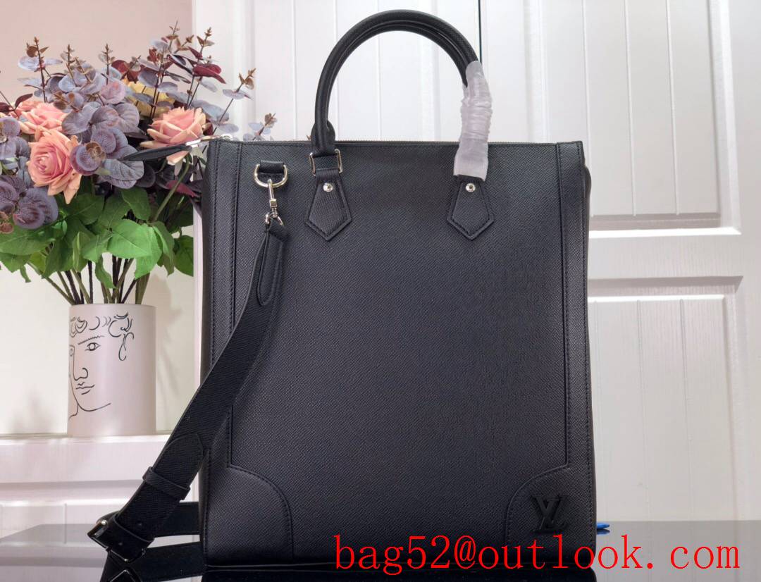 LV Louis Vuitton men black elegant embossed taiga leather vertical tote bag