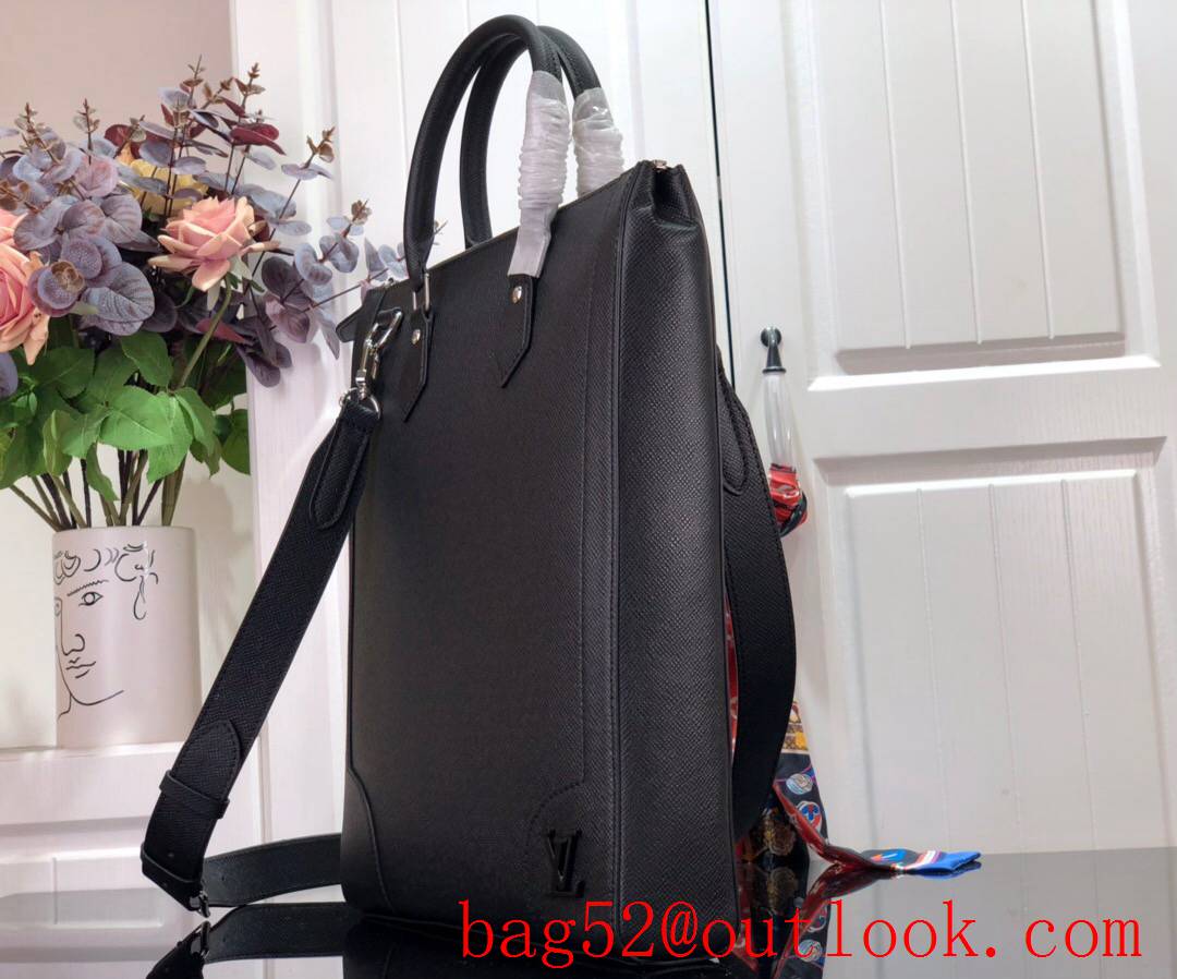 LV Louis Vuitton men black elegant embossed taiga leather vertical tote bag