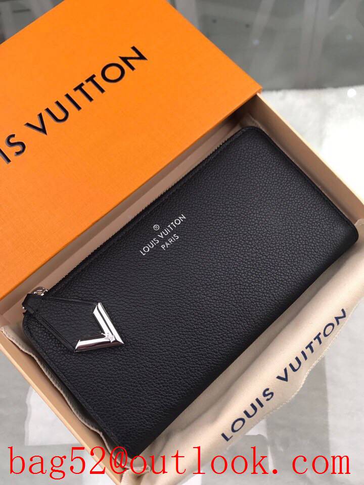 LV Louis Vuitton M60146 black leather V long zipper wallet purse