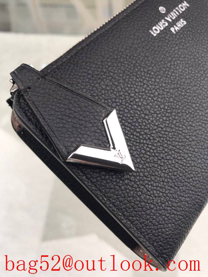 LV Louis Vuitton M60146 black leather V long zipper wallet purse