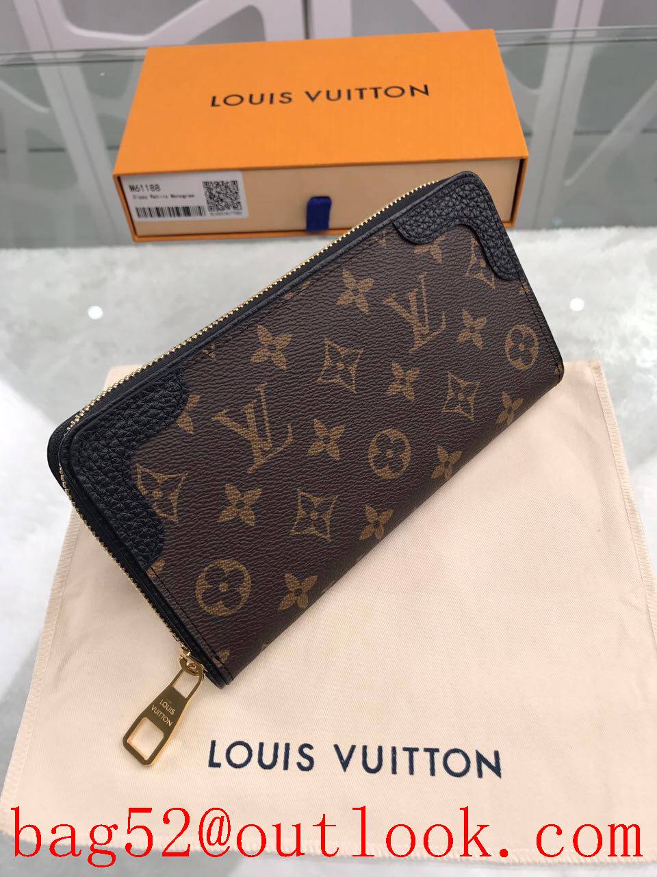 LV Louis Vuitton long monogram v black zipper wallet purse M61188