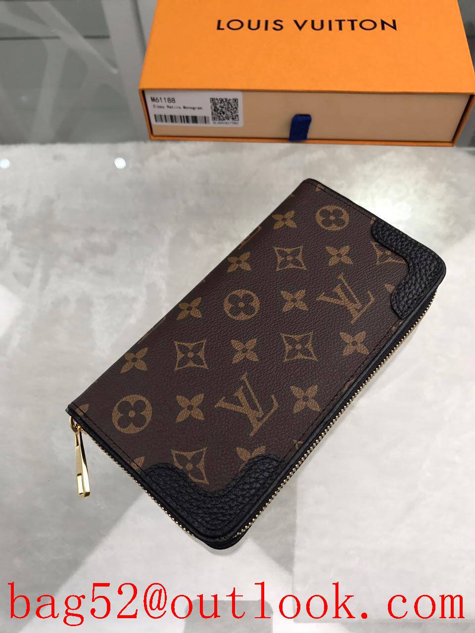 LV Louis Vuitton long monogram v black zipper wallet purse M61188