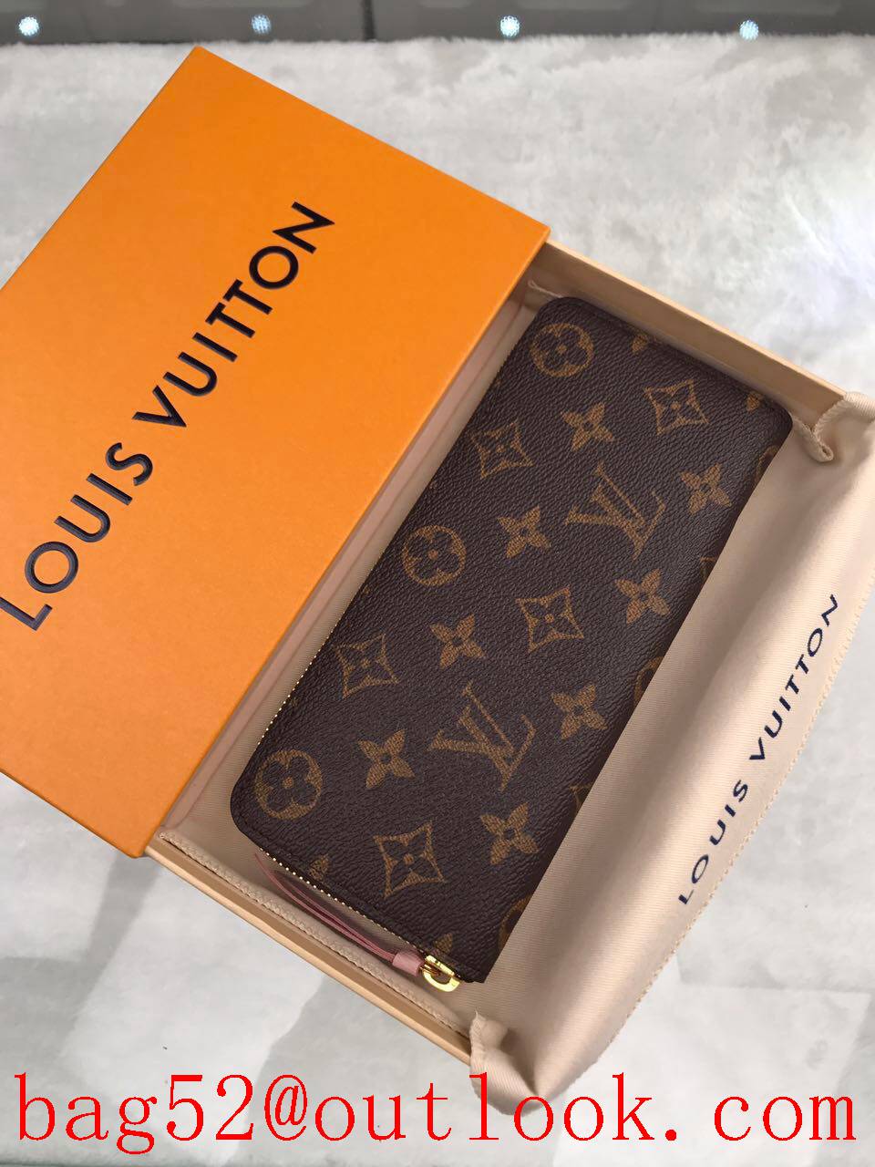 LV Louis Vuitton long monogram v pink lining zipper wallet purse M61298