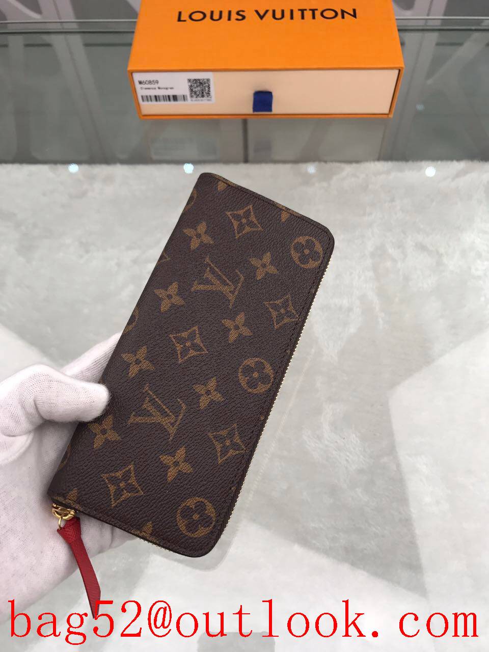 LV Louis Vuitton long monogram v red lining zipper wallet purse M60859