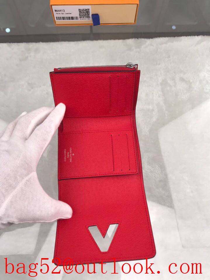 LV Louis Vuitton small red epi leather 3 folded small leather V lock wallet purse M64413