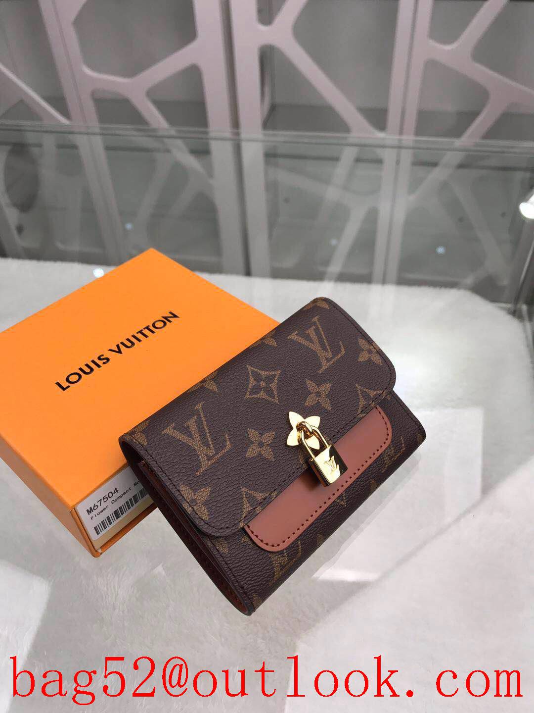 LV Louis Vuitton 3 folded monogram v brown leather flower lock wallet purse M67504