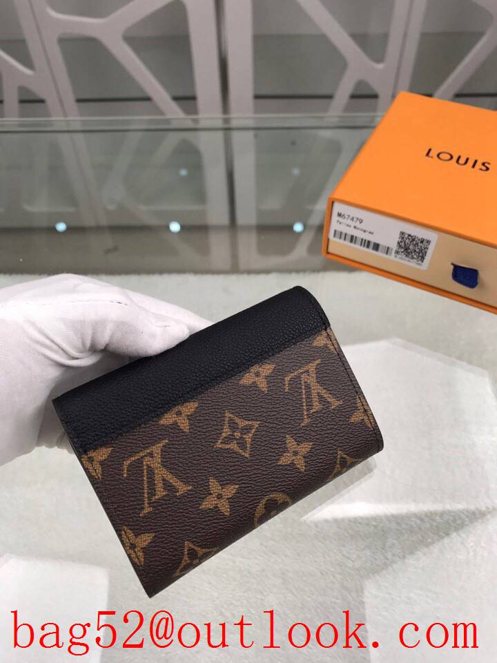 LV Louis Vuitton Pallas black leather v monogram 3 folded lock wallet purse M67479