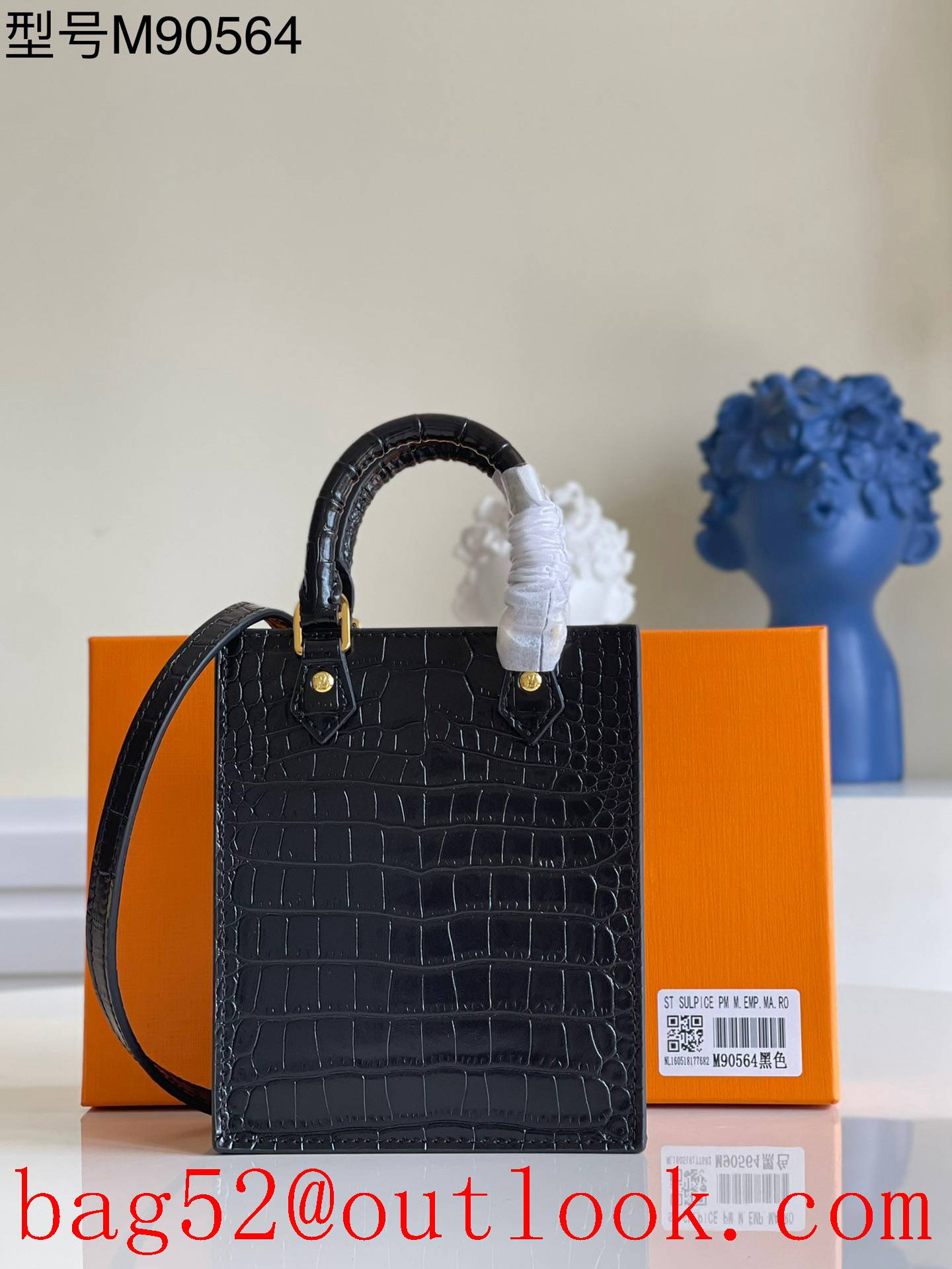 Louis Vuitton LV Petit Sac Plat Leather Bag Handbag Crocodile M90564 Black