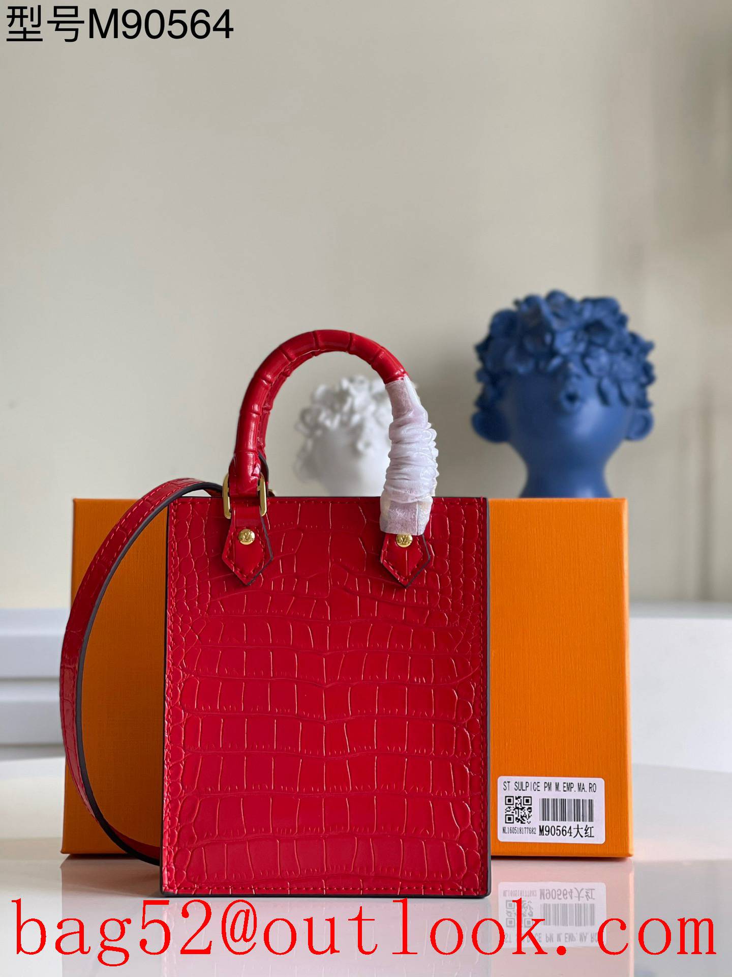 Louis Vuitton LV Petit Sac Plat Leather Bag Handbag Crocodile M90564 Red