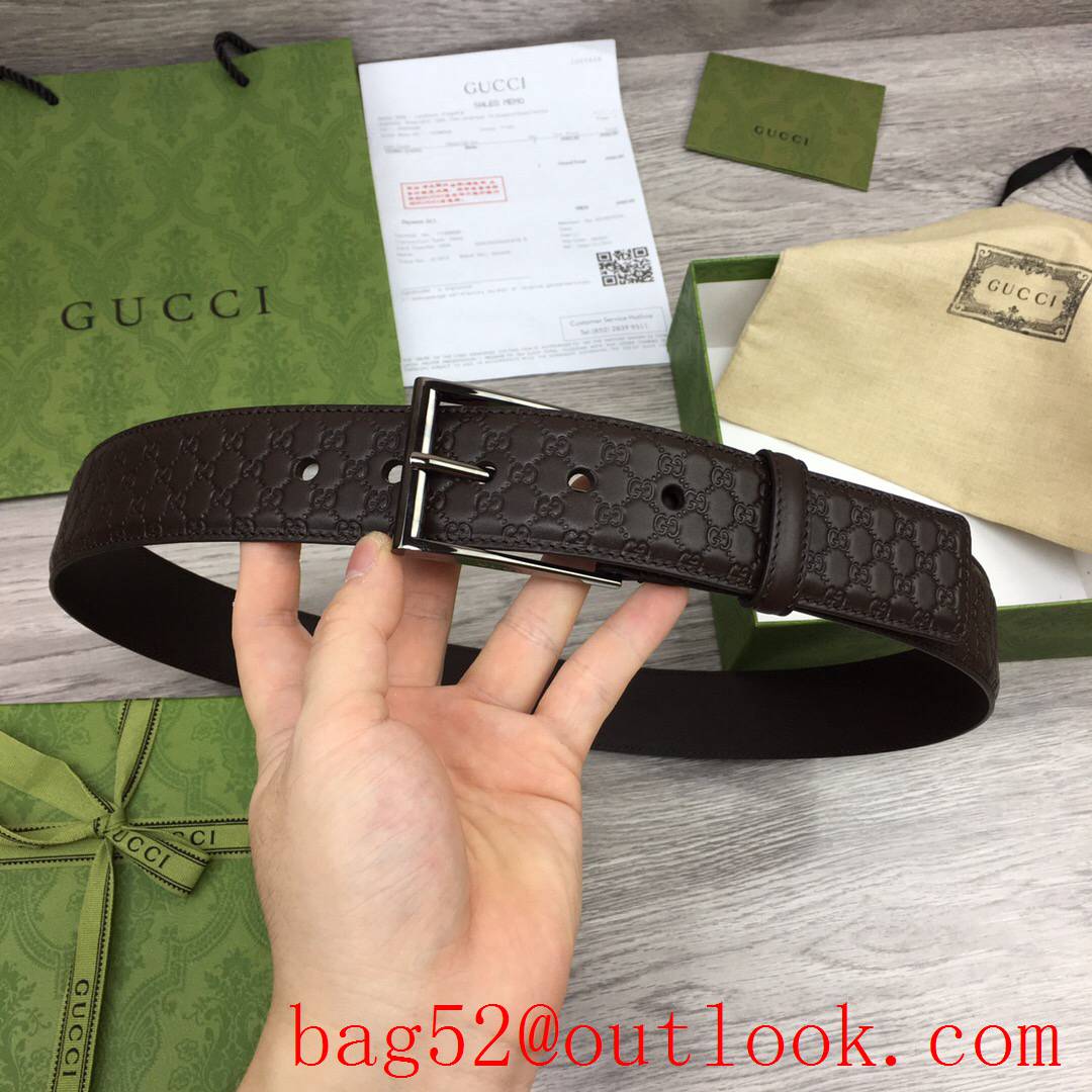 Gucci 4cm coffee leather Signature with shiny silver square buckle belt