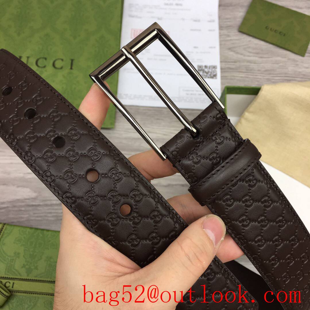 Gucci 4cm coffee leather Signature with shiny silver square buckle belt