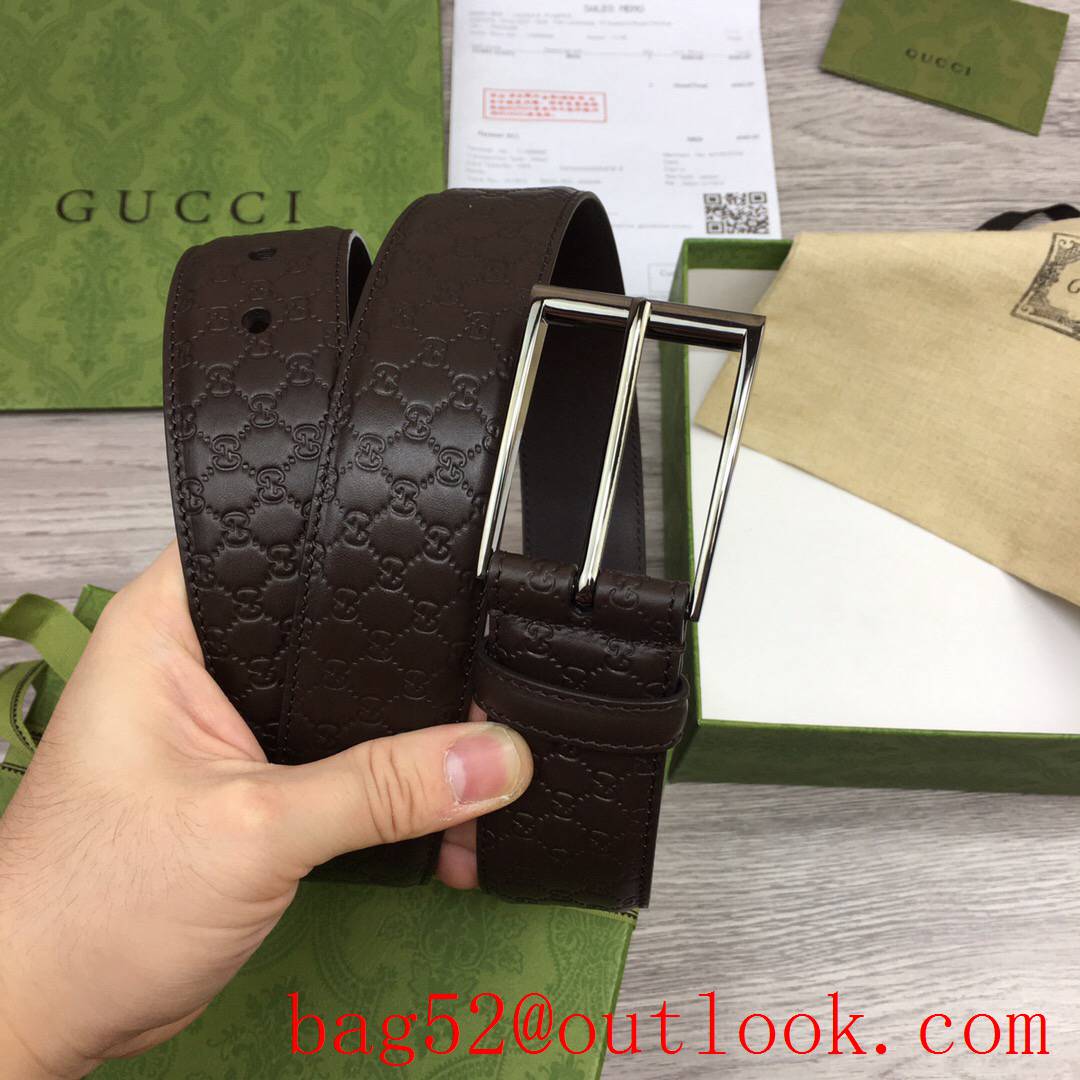 Gucci 4cm coffee leather Signature with shiny silver square buckle belt