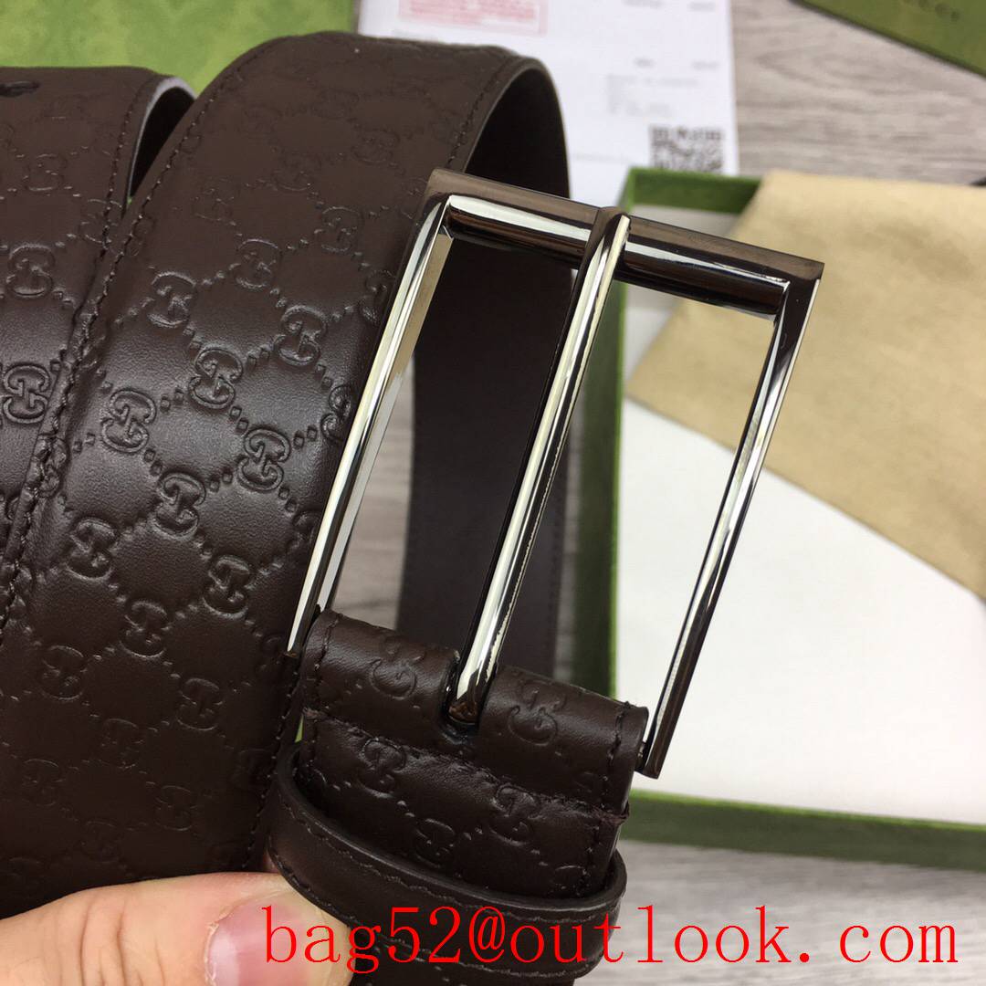 Gucci 4cm coffee leather Signature with shiny silver square buckle belt