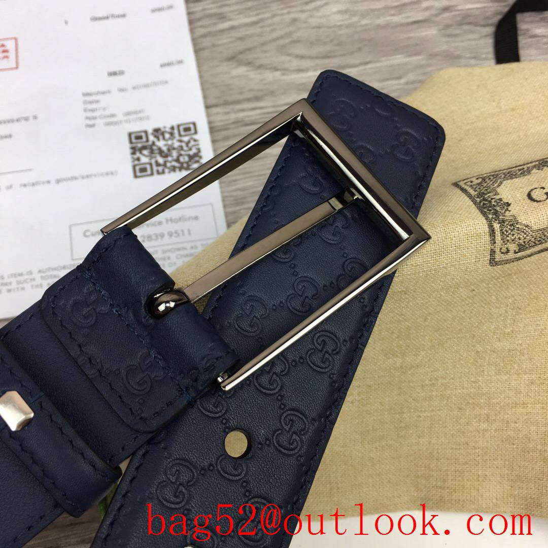 Gucci 4cm navy leather Signature with shiny dark-silver square buckle belt