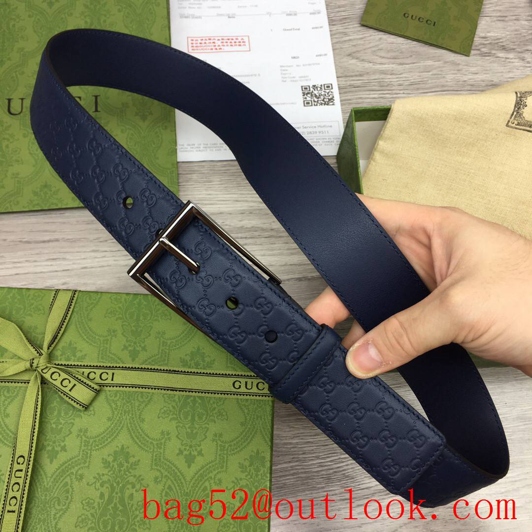 Gucci 4cm navy leather Signature with shiny dark-silver square buckle belt