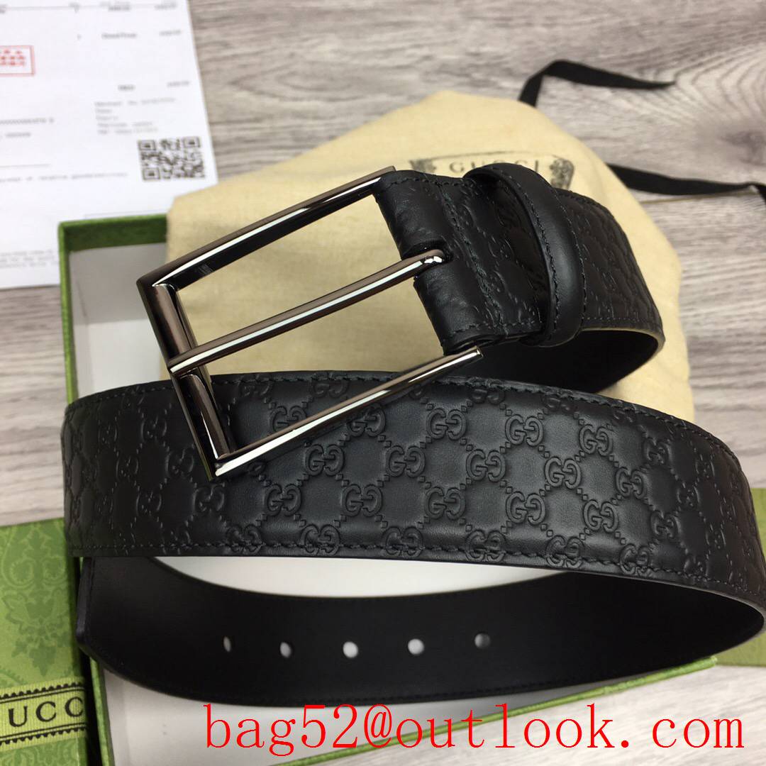 Gucci 4cm black leather Signature with shiny dark-silver square buckle belt