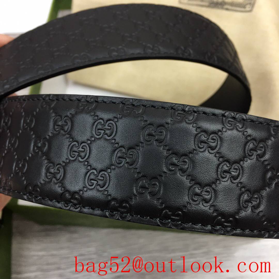 Gucci 4cm black leather Signature with shiny dark-silver square buckle belt