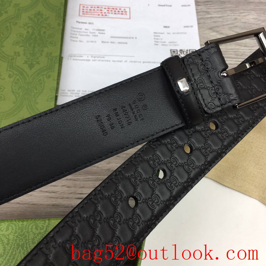 Gucci 4cm black leather Signature with shiny dark-silver square buckle belt