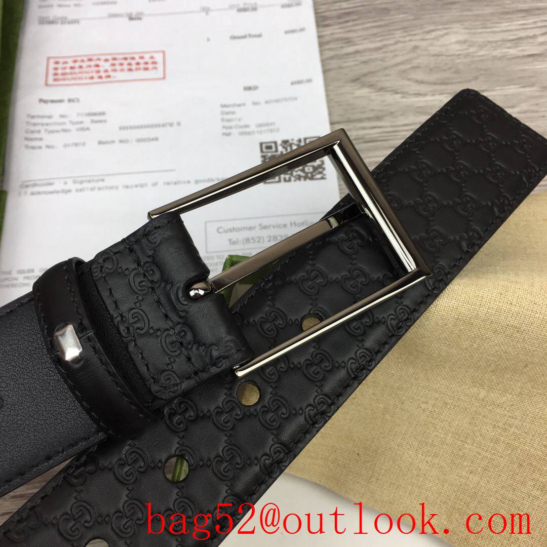 Gucci 4cm black leather Signature with shiny dark-silver square buckle belt