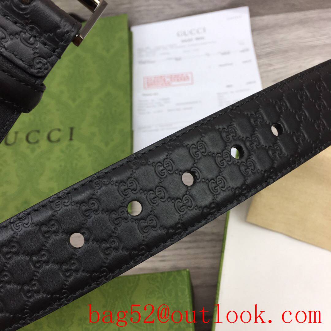 Gucci 4cm black leather Signature with shiny dark-silver square buckle belt