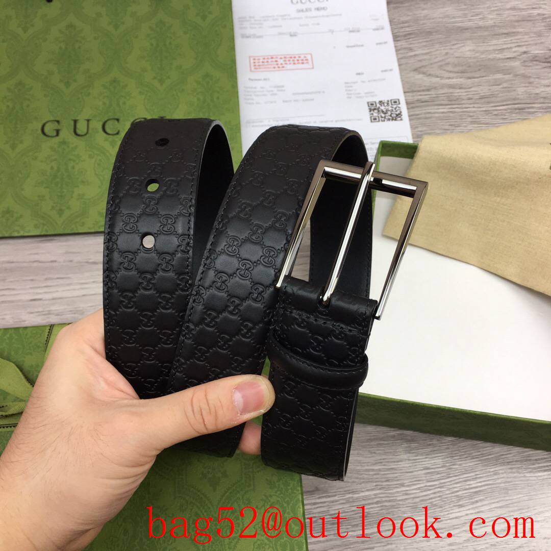 Gucci 4cm black leather Signature with shiny dark-silver square buckle belt