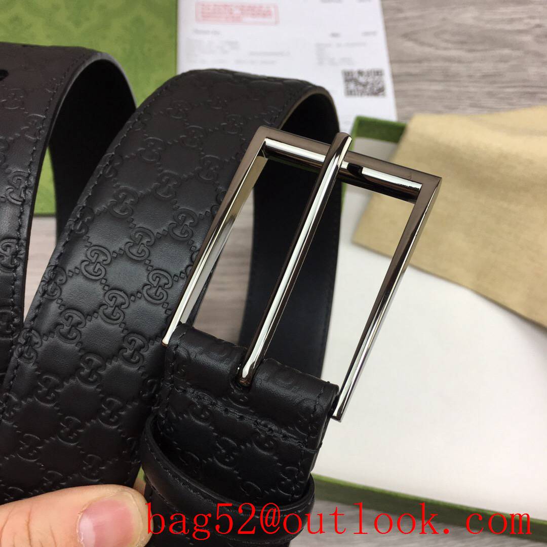 Gucci 4cm black leather Signature with shiny dark-silver square buckle belt